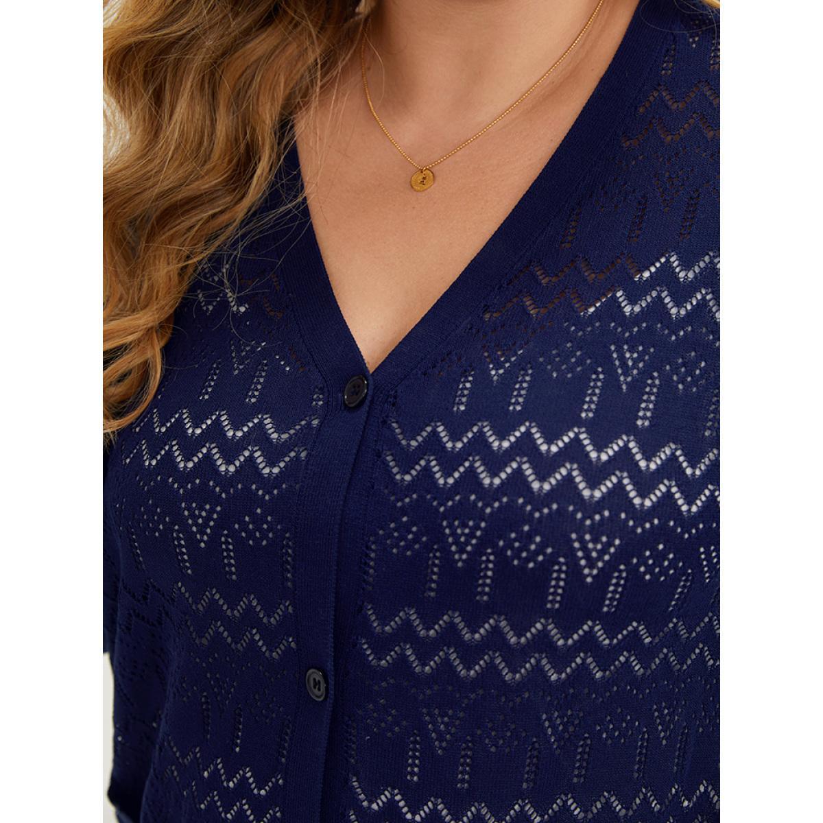 Plus Size Plain Pocket Hollow Out Button Through Cardigan Indigo Women Casual Long Sleeve Dailywear Cardigans BloomChic 28/5X Product Image