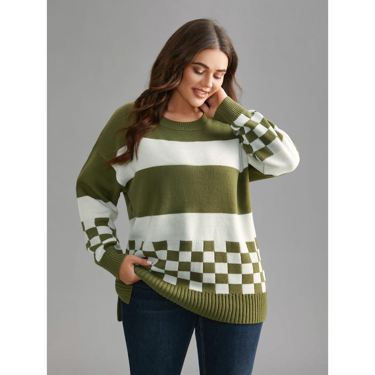 Plus Size Colorblock Contrast Round Neck Split Hem Pullover Moss Women Casual Loose Long Sleeve Round Neck Everyday Pullovers BloomChic 28/5X Product Image