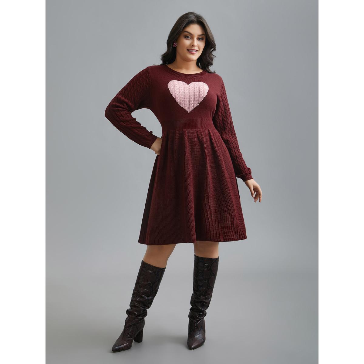 Plus Size Heart Motif Contrast Textured Dress Deepred Women Elegant Bodycon Long Sleeve Everyday Sweater Dresses BloomChic 28/5X Product Image