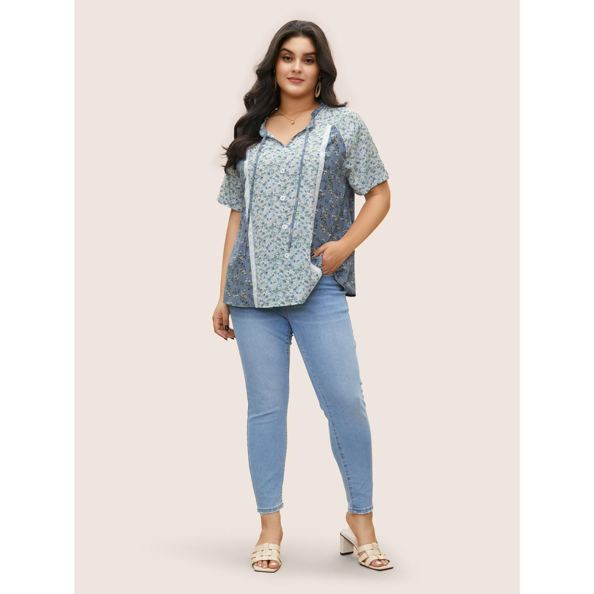 Plus Size Stone Ditsy Floral Ruffles Lace Patchwork Ties Blouse Women Elegant Short sleeve Notched collar Everyday Blouses BloomChic 12/L Product Image