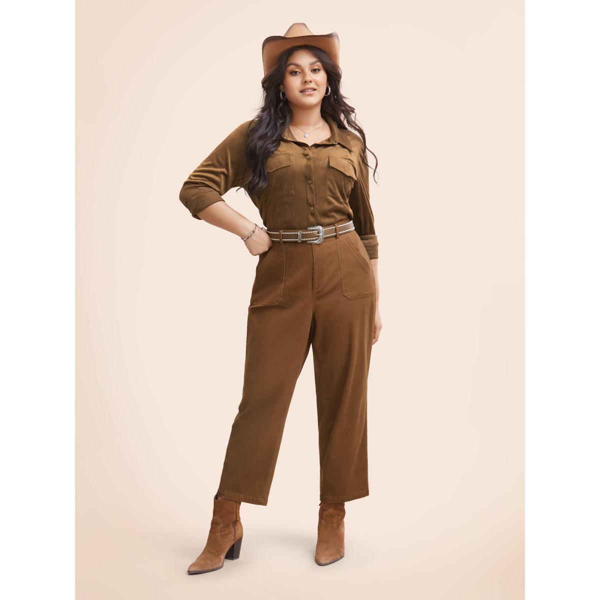 Plus Size Stretch Twill Slim-Fit Straight Pants Women Browncoffeecolor Casual Straight Leg Mid Rise Everyday Pants BloomChic 18-20/2X Product Image