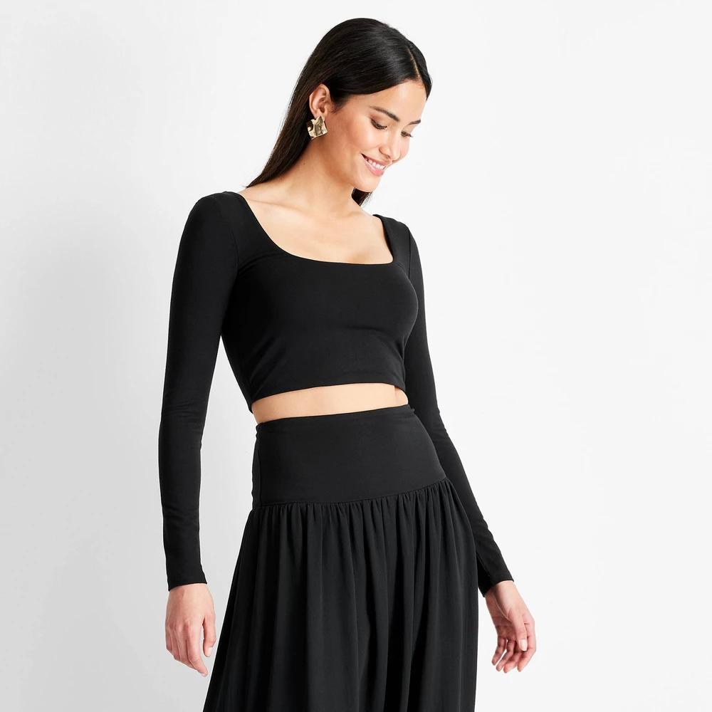 Womens Long Sleeve Scoop Neck Crop Top - Future Collective Black Product Image