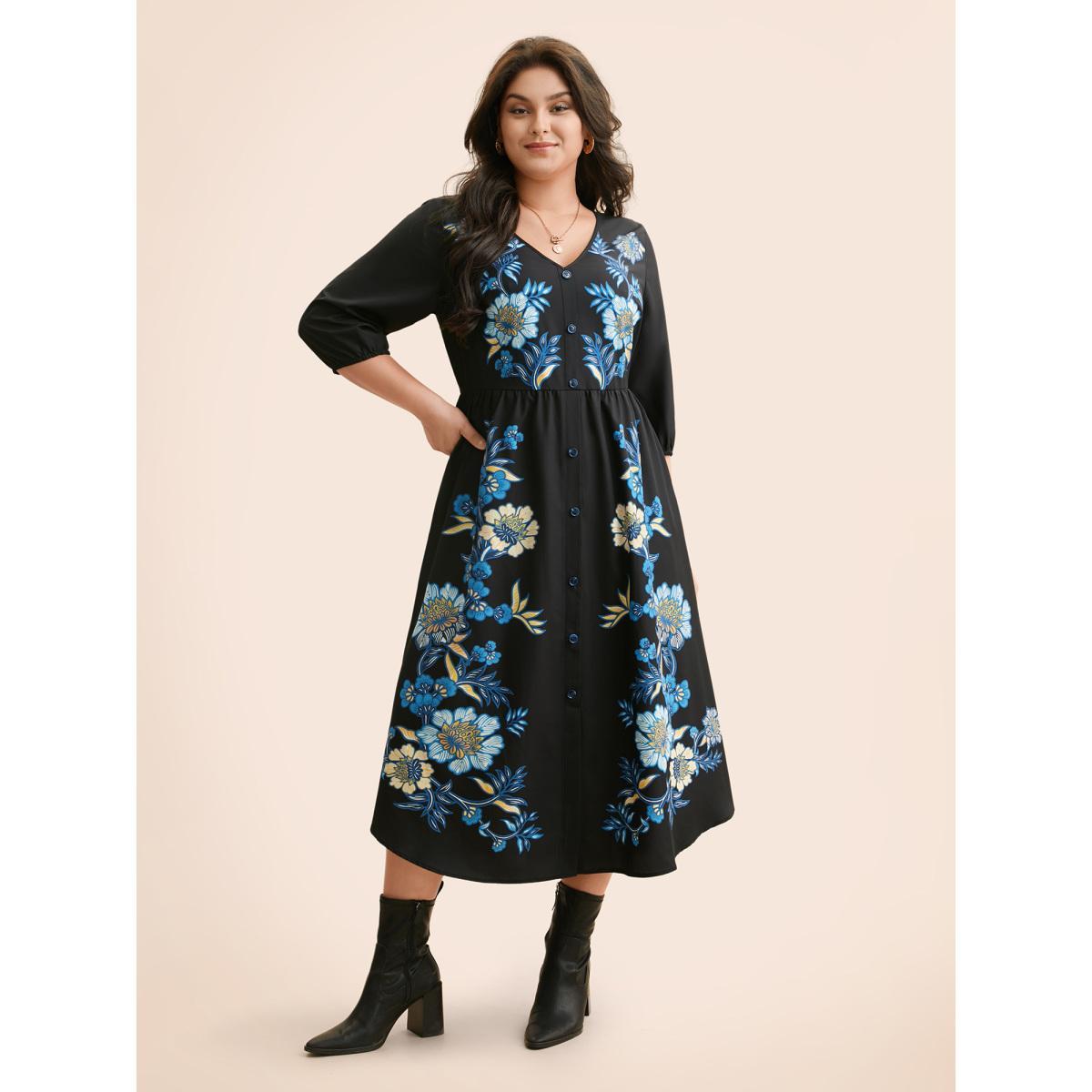 Plus Size Boho Print Lantern Sleeve Midi Dress BlackFlower Women Elegant Button V-neck Elbow-length sleeve Curvy BloomChic 14-16/1X Product Image