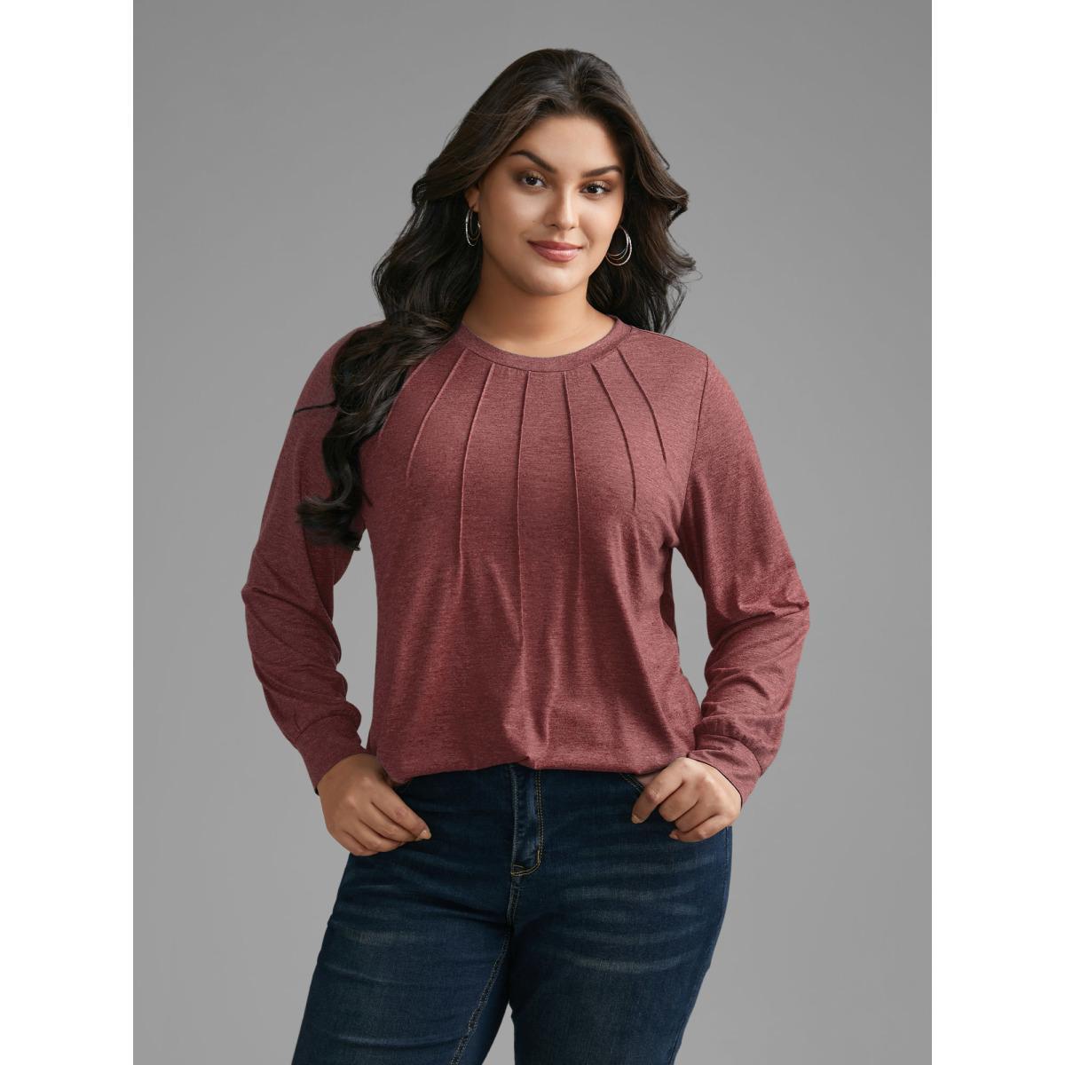 Plus Size Solid Heather Round Neck Pleated T-shirt Russet Women Casual Pleated Round Neck Everyday T-shirts BloomChic 26/4X Product Image