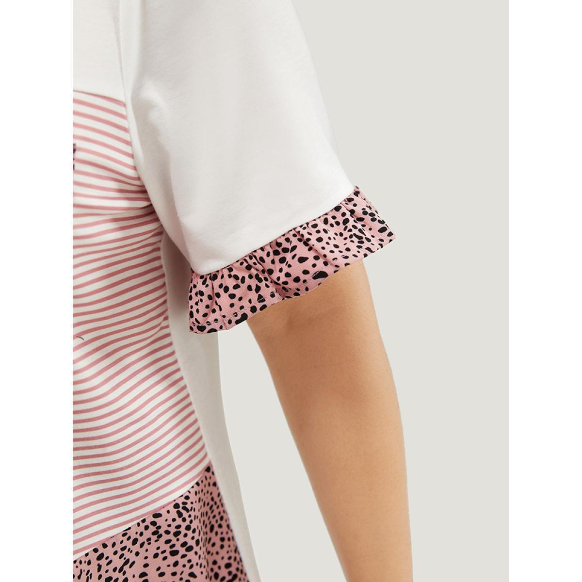 Plus Size Leopard & Striped Contrast Ruffle Sleeve Pocket T-shirt Rouge Women Casual Contrast Colorblock Round Neck Dailywear T-shirts BloomChic 26/4X Product Image