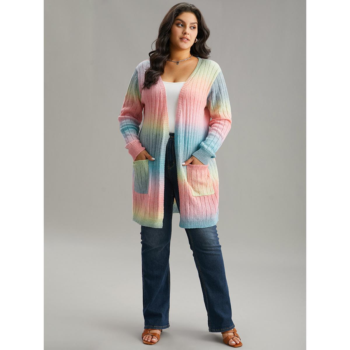 Plus Size Ombre Patched Pocket Tunic Cardigan Salmon Women Glamour Loose Long Sleeve Dailywear Cardigans BloomChic 18-20/2X Product Image