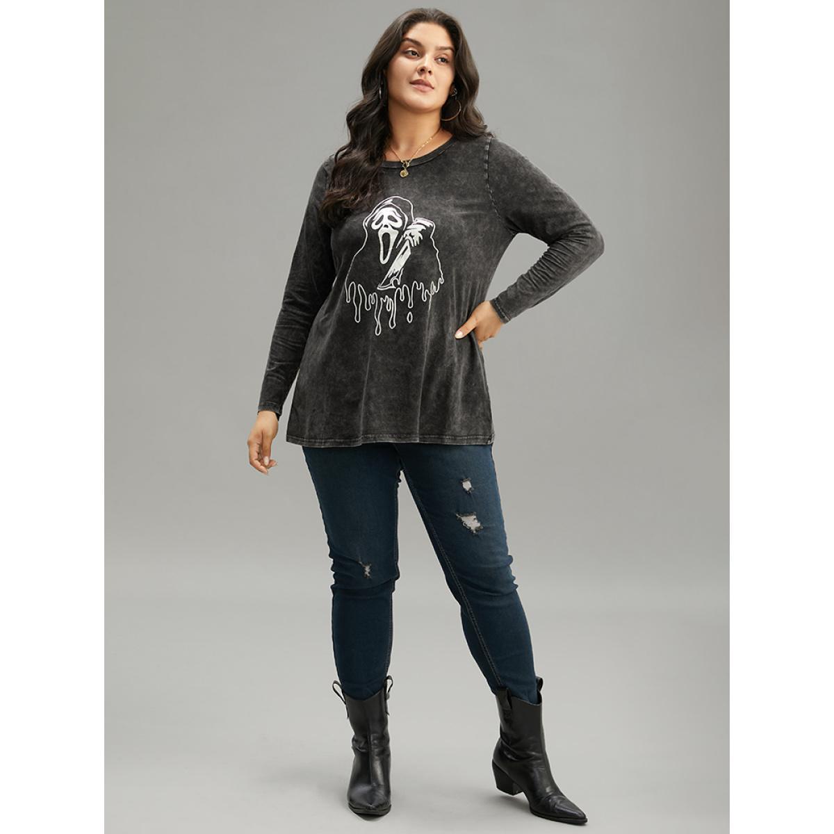 Plus Size Halloween Supersoft Essentials Skull Print Vintage T-shirt Black Women Casual Printed Halloween Festival-Halloween T-shirts BloomChic 14-16/1X Product Image