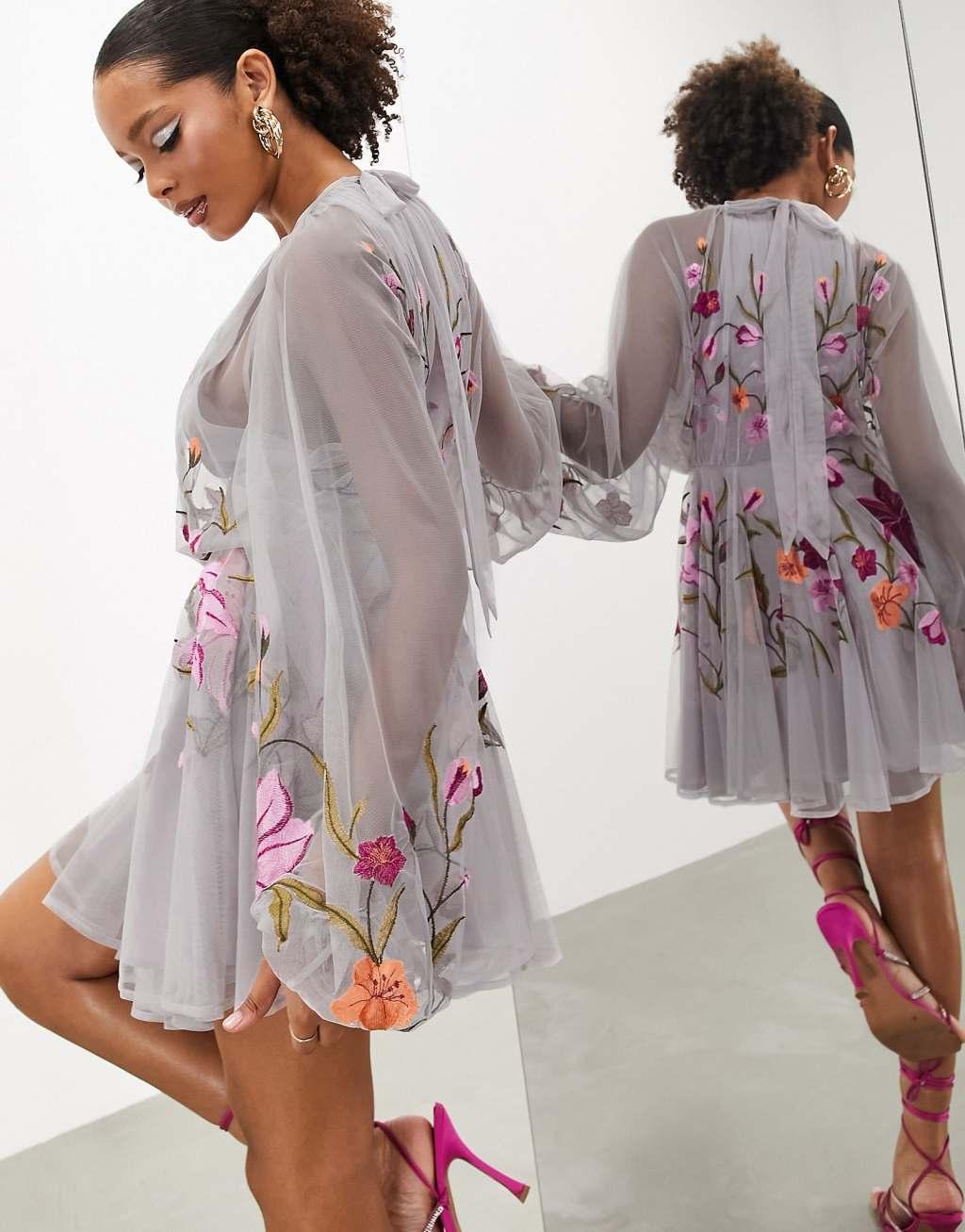 ASOS Edition mesh long sleeve mini dress with floral embroidery Product Image