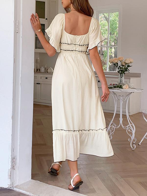 A-Line High Waisted Pleated Ruffle Trim Split-Joint Zipper Square-Neck Midi Dresses Product Image