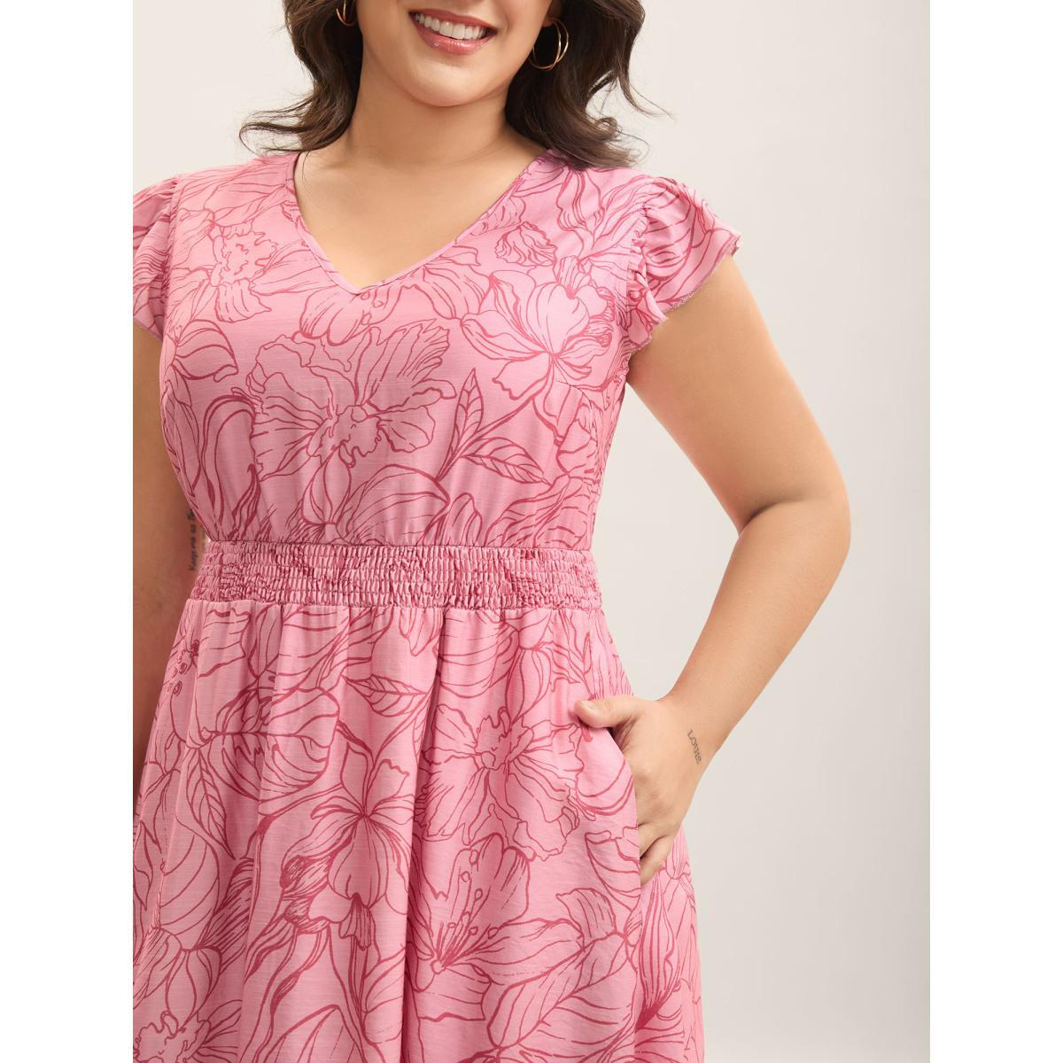 Plus Size Floral Lines Cinched-Waist Pockets Midi Dress Blush Women V-neck Cap Sleeve Curvy BloomChic 18-20/2X Product Image
