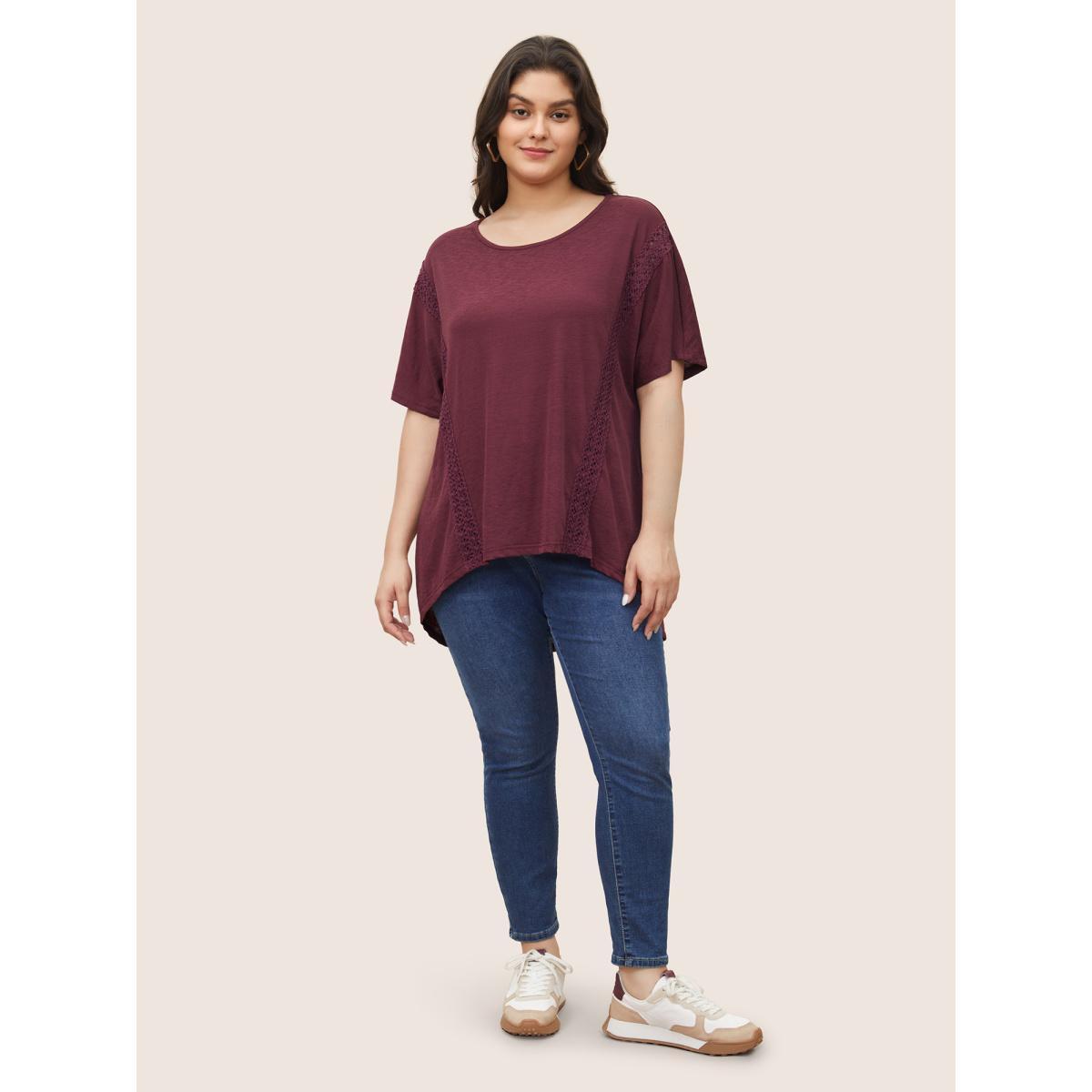 Plus Size Solid Lace Panel Curved Hem T-shirt Burgundy Women Resort Non Plain Round Neck Vacation T-shirts BloomChic 26/4X Product Image