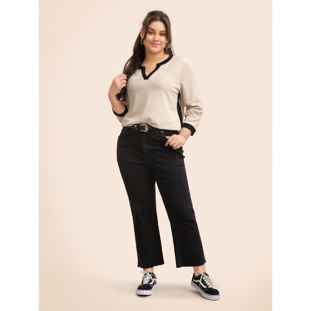 Plus Size Notched Rib Knit Contrast Trim Sweatshirt Women Apricot Casual Texture Flat collar with V-notch Everyday Sweatshirts BloomChic 26/4X Product Image