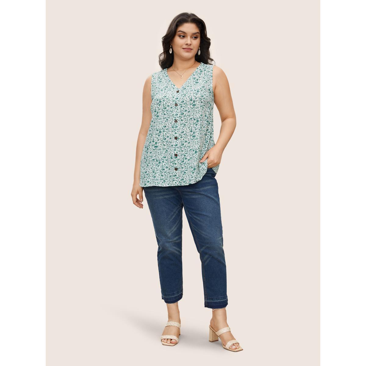 Plus Size Ditsy Floral Sleeveless Button Detail Tank Top Women SpringGreen Casual Button V-neck Everyday Tank Tops Camis BloomChic 10/M Product Image
