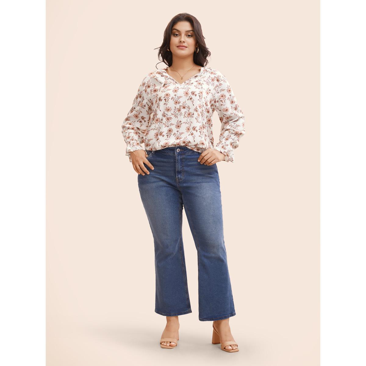 Plus Size Multicolor Floral Tie Knot Ruffle Trim Blouse Women Elegant Long Sleeve V-neck Everyday Blouses BloomChic 10/M Product Image