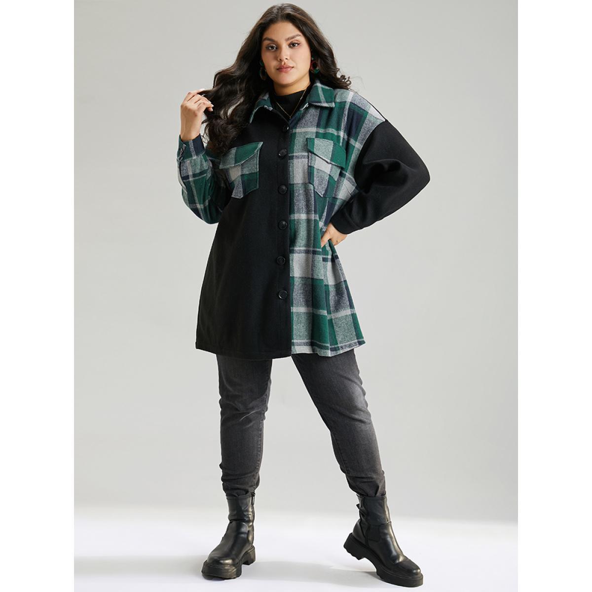 Plus Size Plaid Contrast Patchwork Pocket Button Up Shacket Women Green Contrast Pocket Dailywear Jackets BloomChic 28/5X Product Image