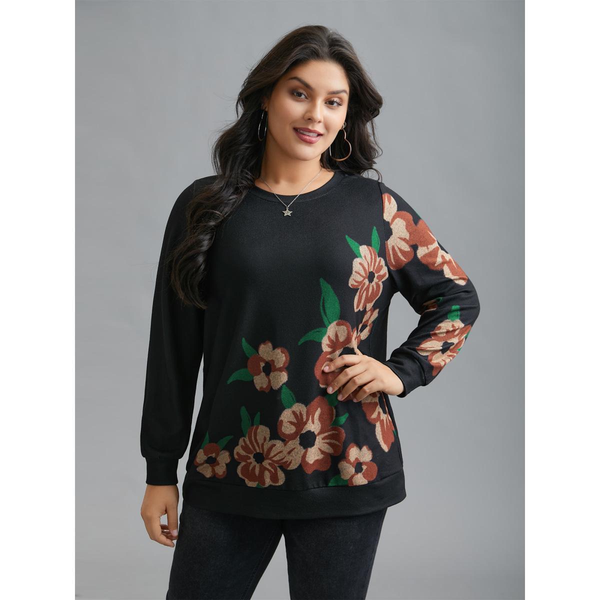 Plus Size Round Neck Floral Print Fitted Sweatshirt Women Black Casual Non Round Neck Everyday Sweatshirts BloomChic 18-20/2X Product Image