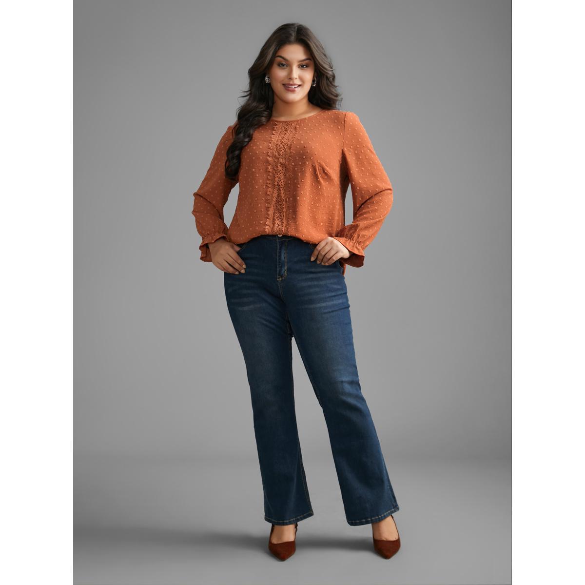 Plus Size Rust Textured Lace Panel Lantern Sleeve Blouse Women Elegant Long Sleeve Round Neck Everyday Blouses BloomChic 18-20/2X Product Image