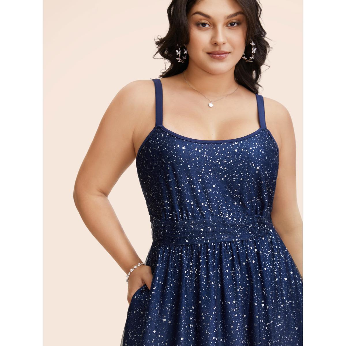 Plus Size Ombre Glitter Mesh Cami Midi Dress Navy Women Formal Texture U-neck Sleeveless Curvy BloomChic 18-20/2X Product Image