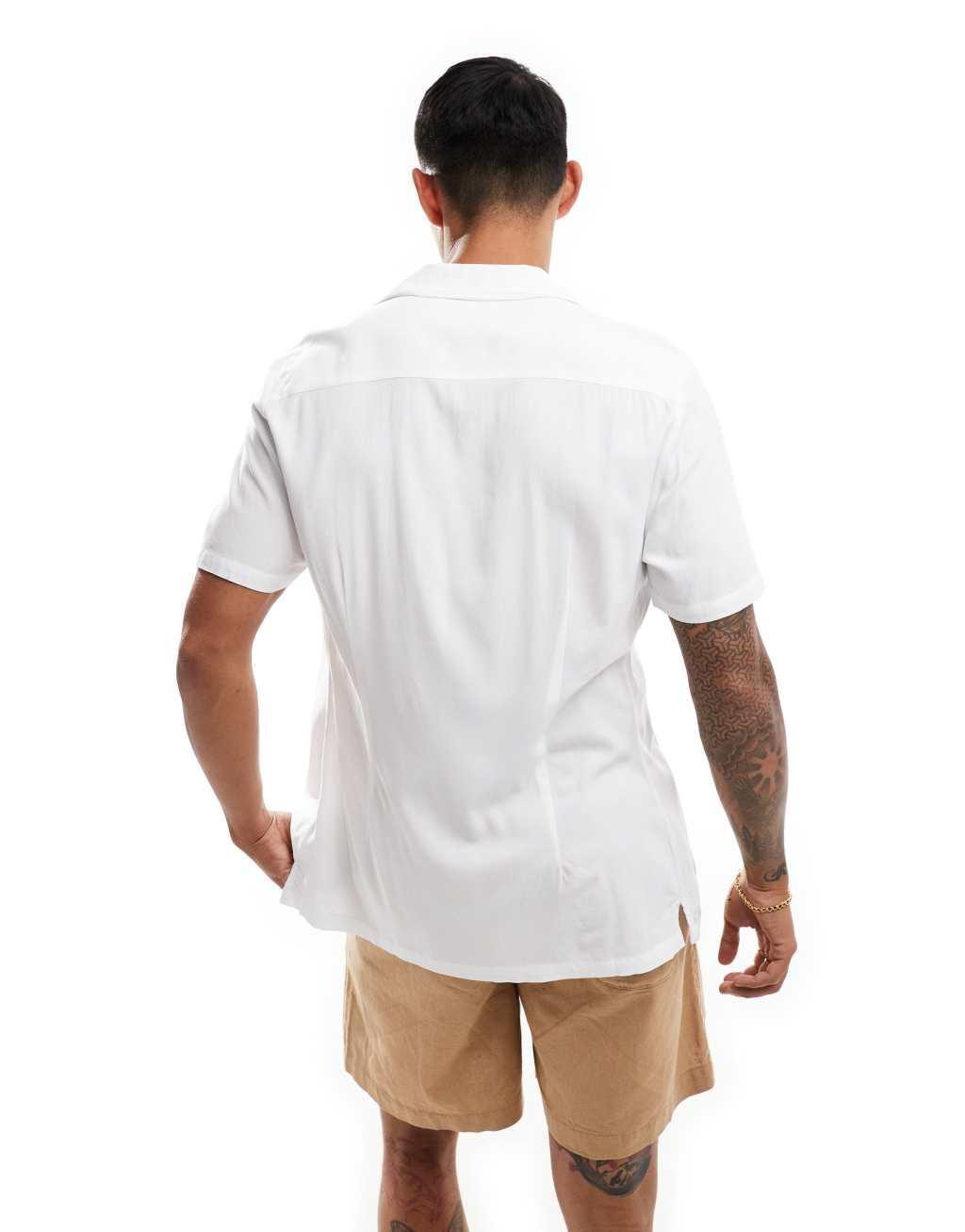 ASOS DESIGN short sleeve deep revere muscle fit viscose shirt in white Product Image