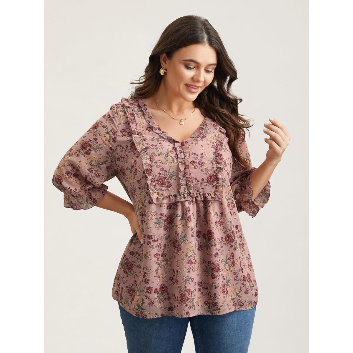 Plus Size Rouge Chiffon Floral Print Ruffled Neck Flowy Shirt Women Elegant Elbow-length sleeve V-neck Everyday Blouses BloomChic 10/M Product Image