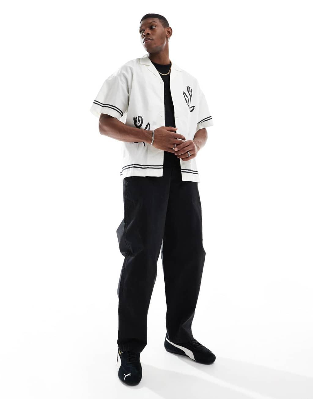 ADPT oversized camp collar shirt with flower placement print in white Product Image