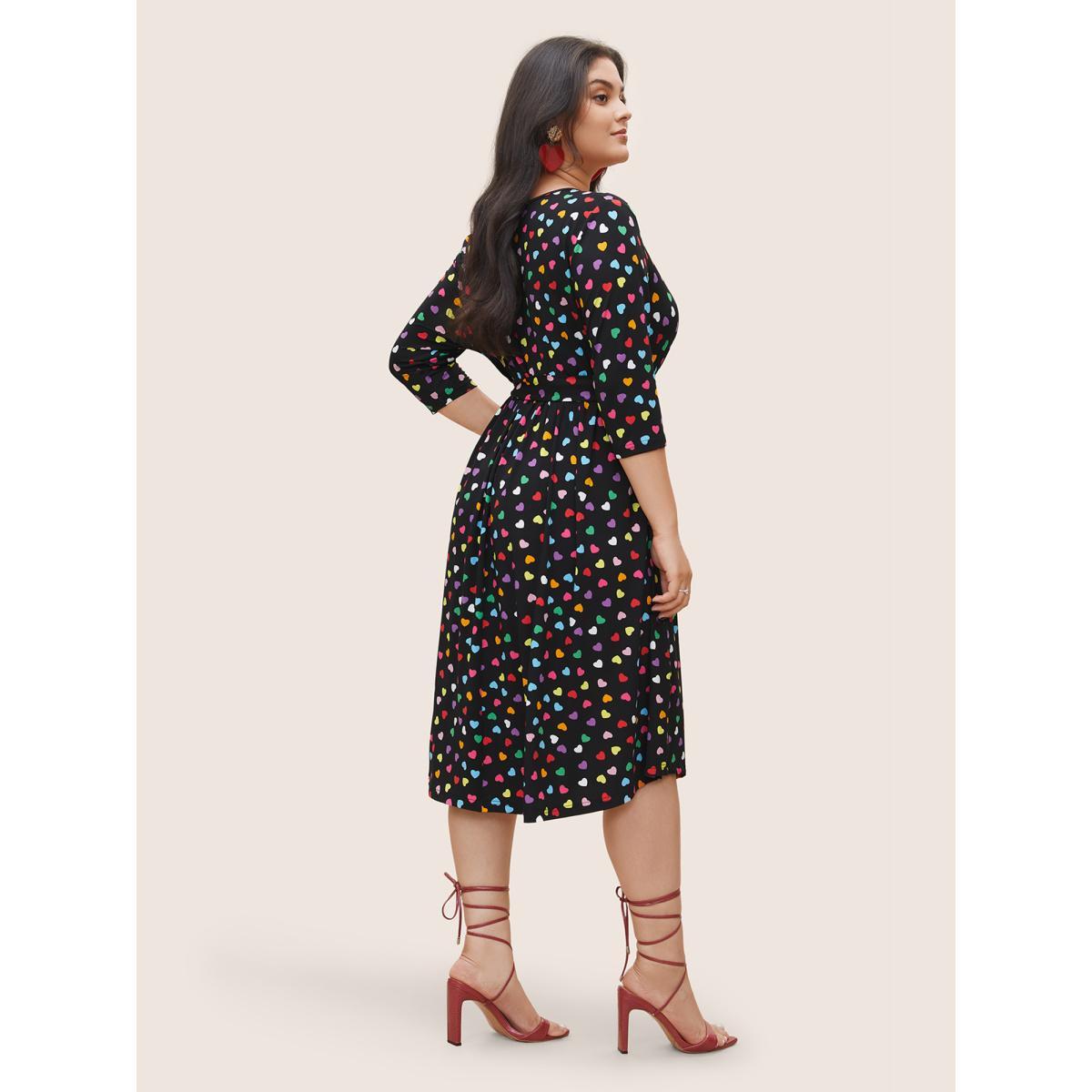 Plus Size Colored Heart Print Belted Overlap Collar Dress Black Women Casual Belted Overlap Collar Elbow-length sleeve Curvy Midi Dress BloomChic 12/L Product Image