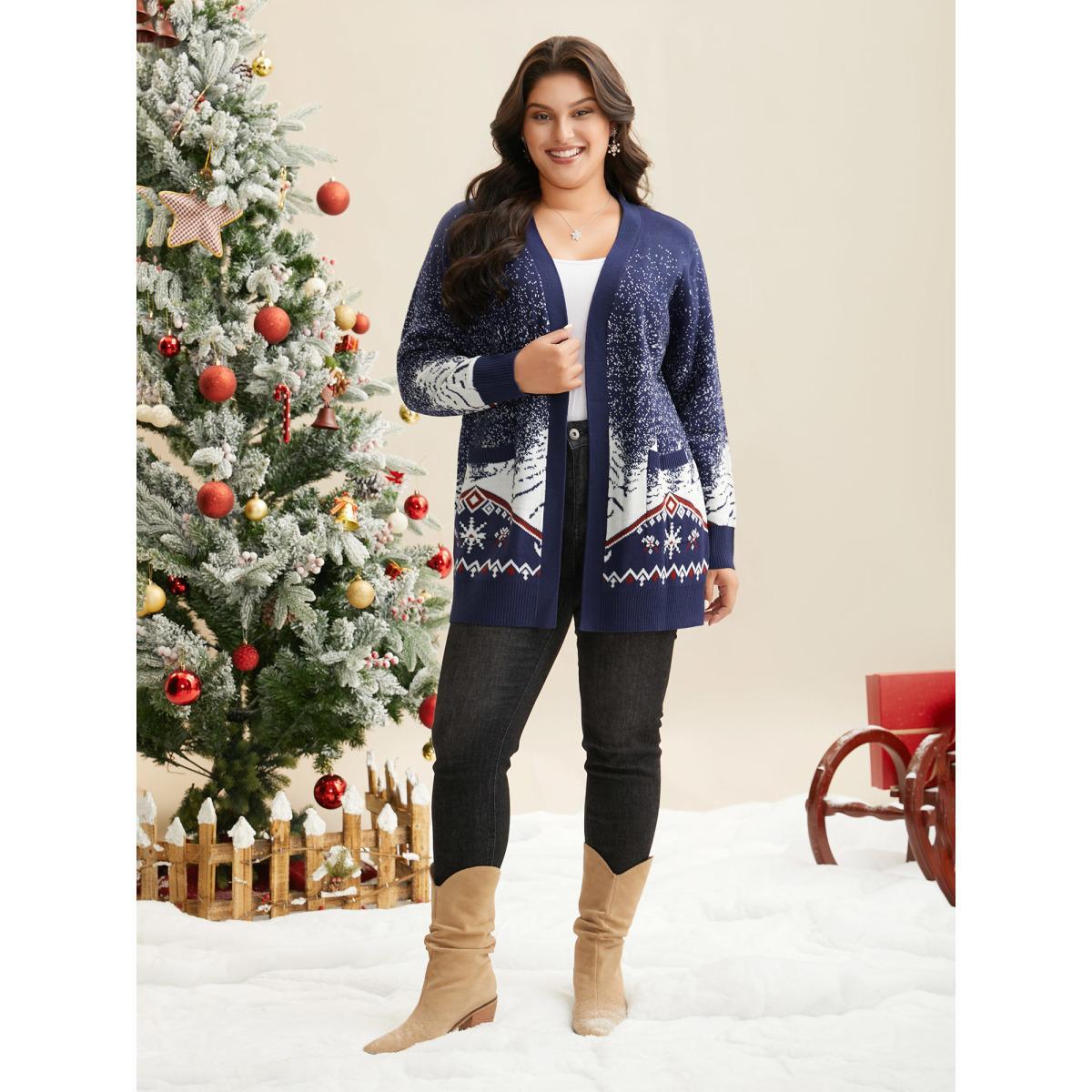 Plus Size Snowy Trees Print V-neck Open Cardigan Indigo Women Casual Loose Long Sleeve Everyday Cardigans BloomChic 26/4X Product Image