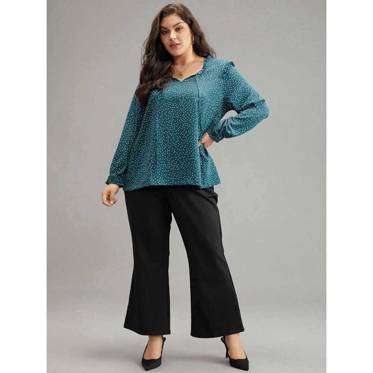 Plus Size Cyan Polka Dot Shirred Tie Neck Frill Trim Blouse Women Elegant Long Sleeve Tie Neck Dailywear Blouses BloomChic 14-16/1X Product Image