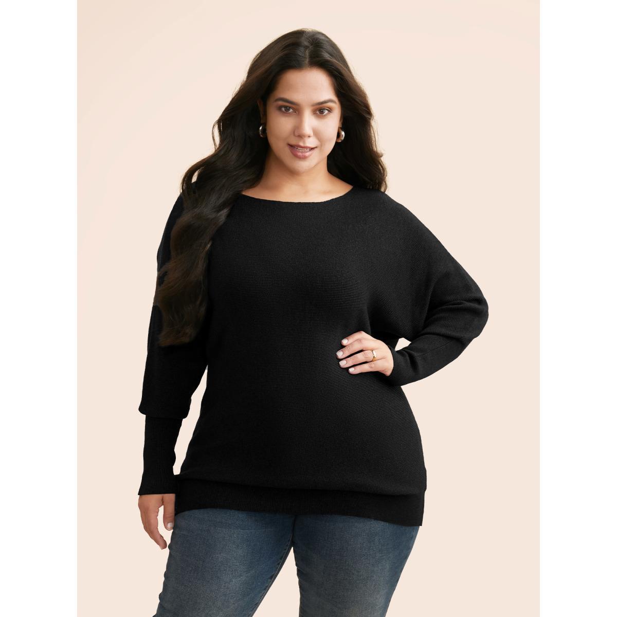 Plus Size Supersoft Dolman Sleeve Pullover Black Women Casual Loose Long Sleeve Boat Neck Everyday Pullovers BloomChic 22-24/3X Product Image