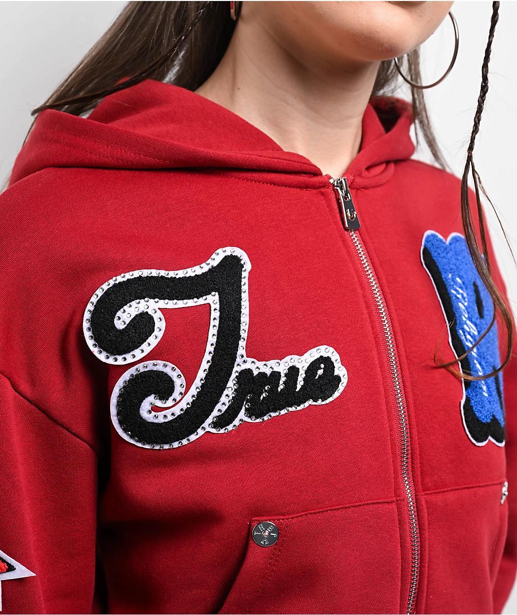 True Religion Crystal Patch Varsity Red Dahlia Crop Zip Hoodie Product Image