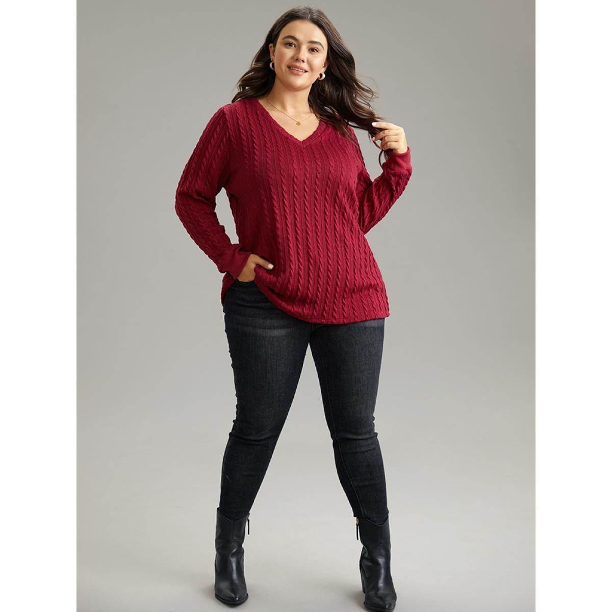 Plus Size Rib Knit Plain Elastic Cuffs Sweatshirt Women Scarlet Elegant Rib Knit V-neck Dailywear Sweatshirts BloomChic 14-16/1X Product Image