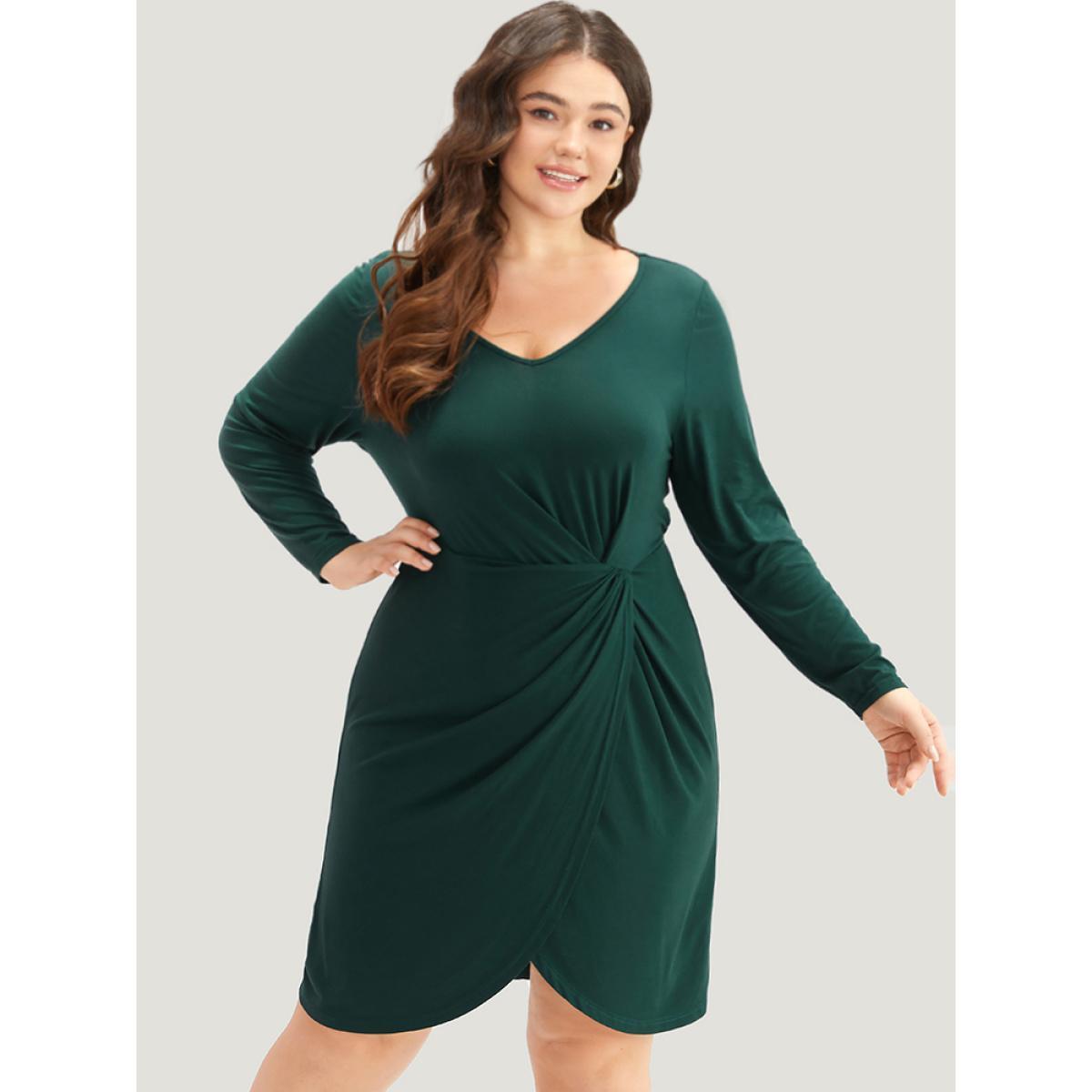 Plus Size Solid Wrap Twist Front V Neck Dress DarkGreen Women Casual Wrap V-neck Long Sleeve Curvy Knee Dress BloomChic 12/L Product Image