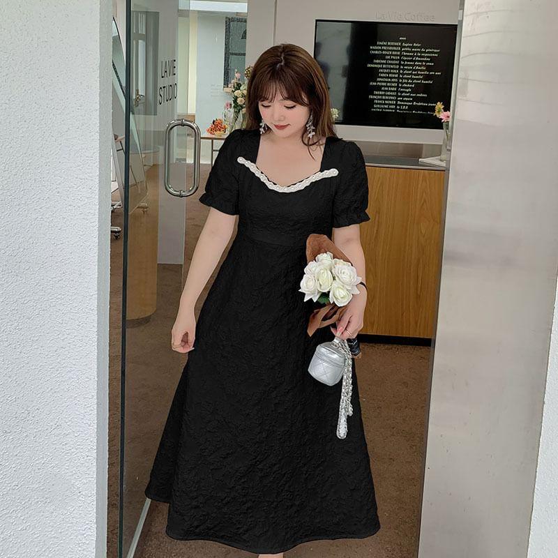 Puff-Sleeve Sweetheart-Neckline Faux Pearl Shirred Midi A-Line Dress (Various Designs) Product Image