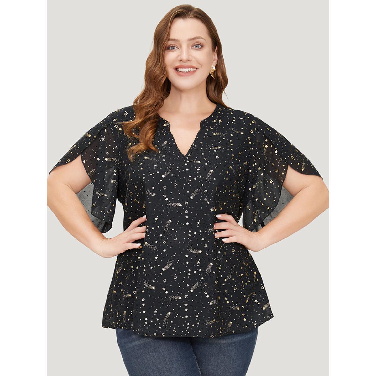 Plus Size Black Glitter Star Print Notched Split Petal Sleeve Blouse Women Glamour Short sleeve Notched collar Going out Blouses BloomChic 18-20/2X Product Image