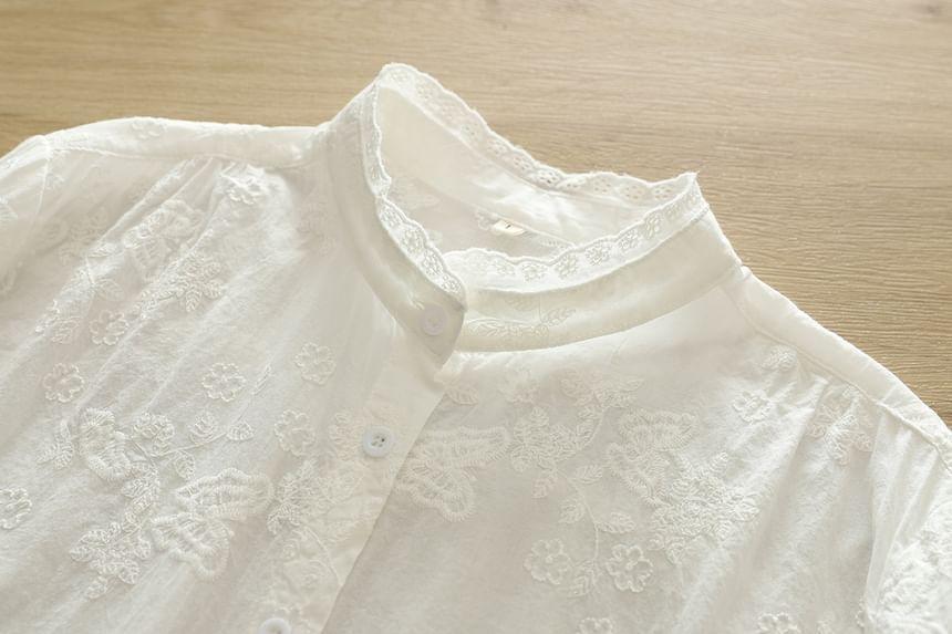 Long Sleeve Band Collar Embroidered Shirt Product Image