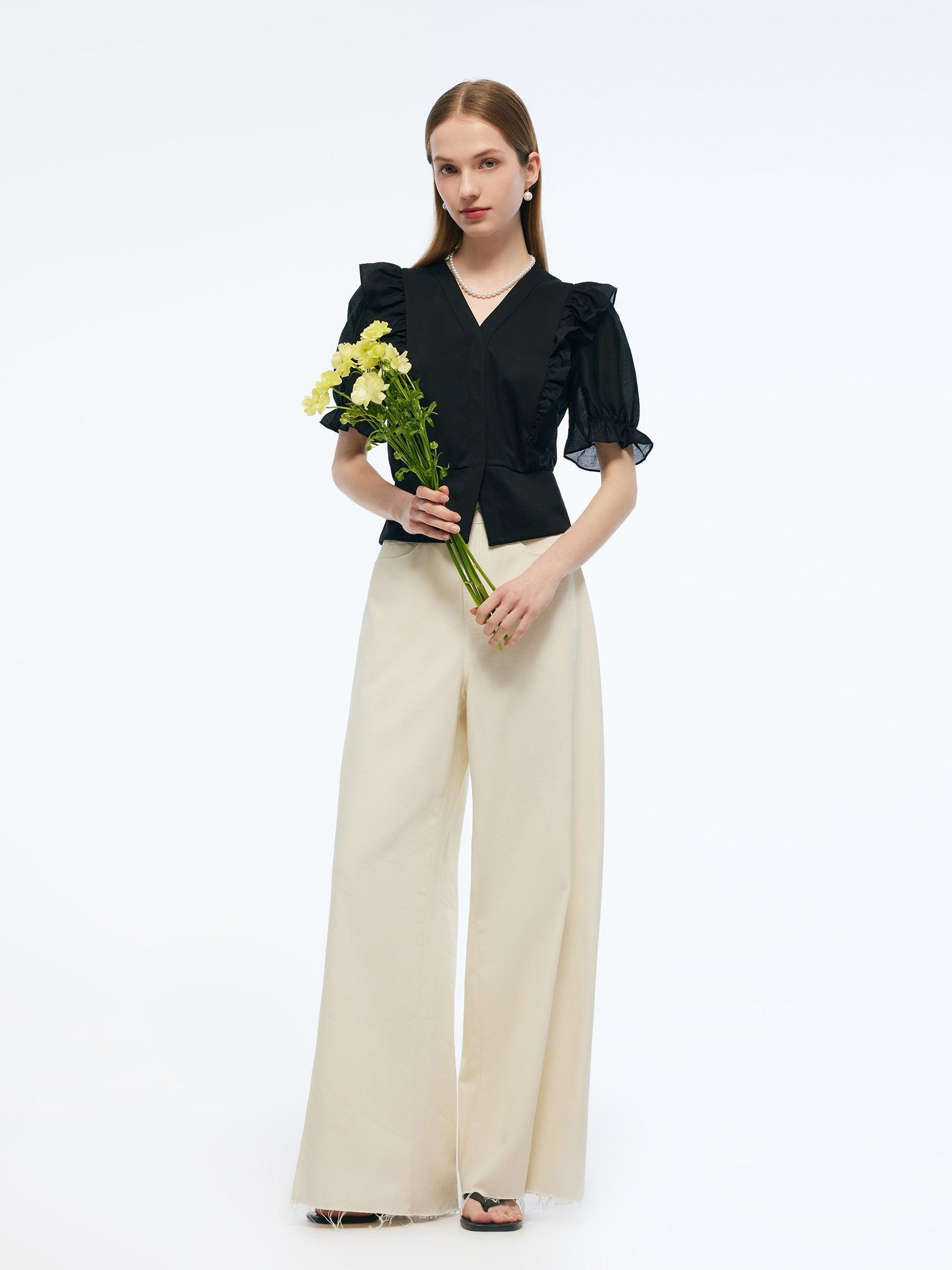 Tencel Blend Puff Sleeve Women Ruffe Patchwork Top Product Image