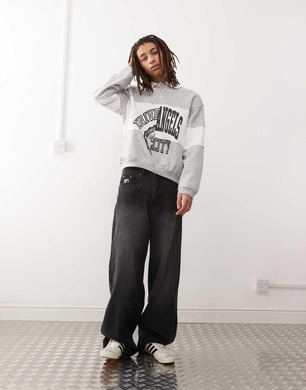 Weekday Andre oversized polo sweatshirt with cut and sew varsity graphic in gray melange Product Image