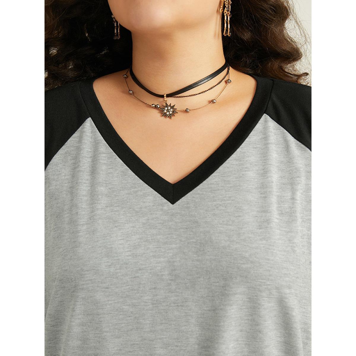 Plus Size Halloween Skull Cut Out Raglan Sleeve T-shirt Gray Women Casual Patchwork Graphic-Halloween V-neck Festival-Halloween T-shirts BloomChic 18-20/2X Product Image