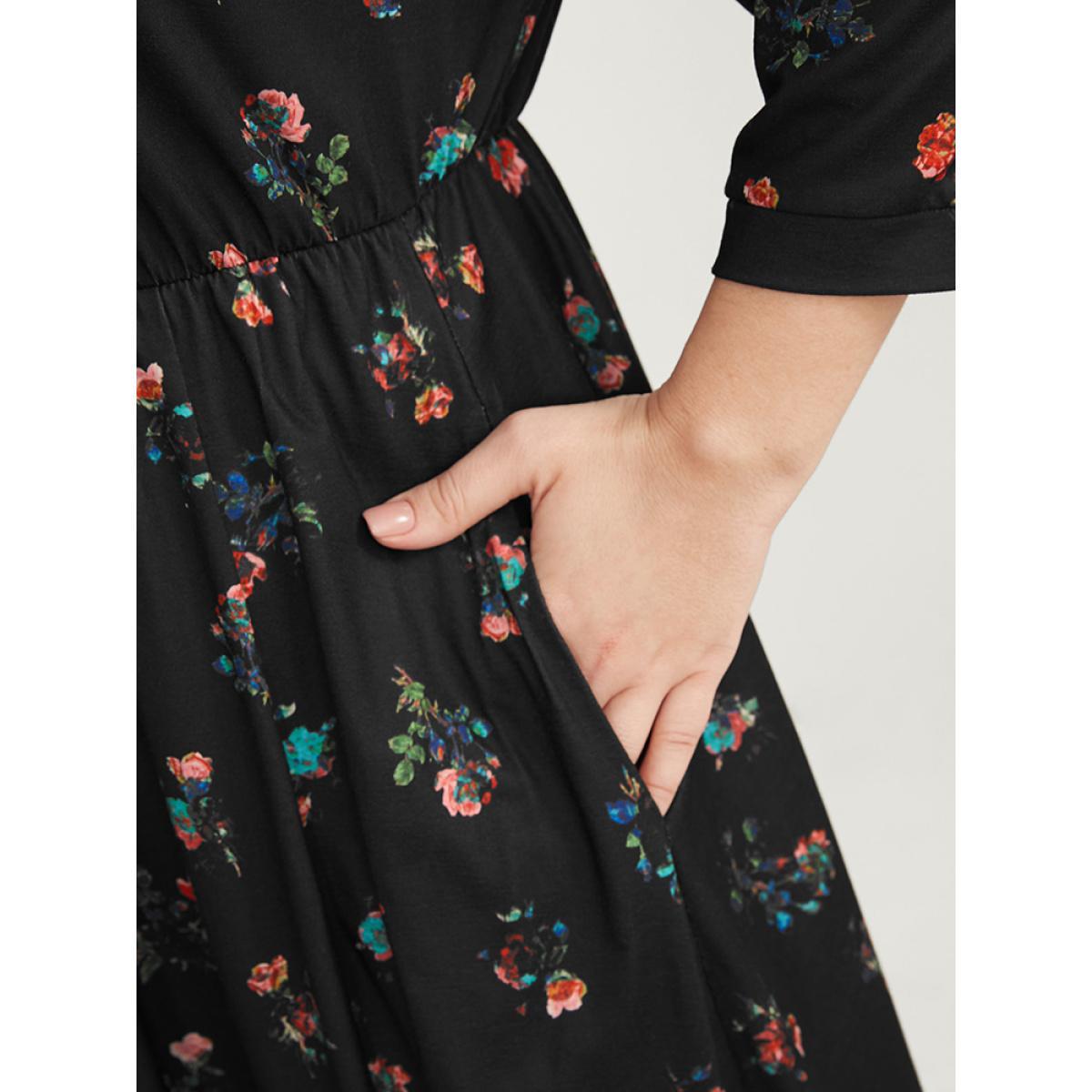 Plus Size Ditsy Floral Button Up Pocket Split Hem Dress BlackFlower Women Elegant Slit V-neck Curvy Midi Dress BloomChic 26/4X Product Image