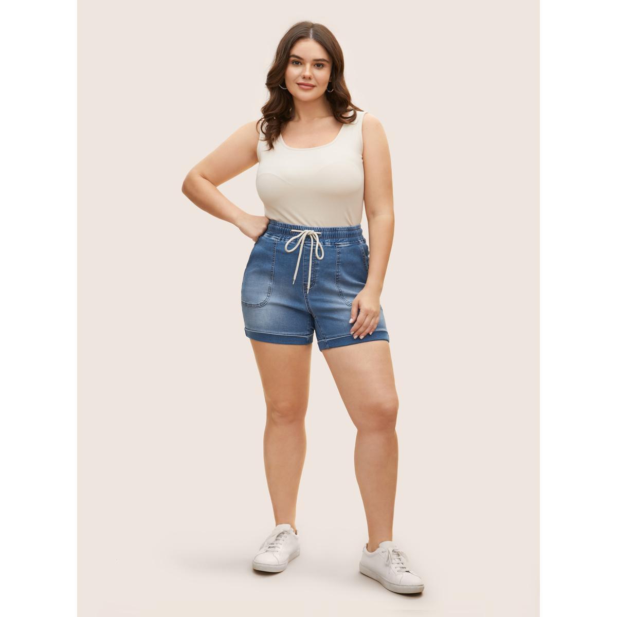 Plus Size Medium Wash Drawstring Roll Hem Denim Shorts Women Midblue Roll Hem High stretch Everyday Slanted pocket Casual Denim Shorts BloomChic 16/1X Product Image