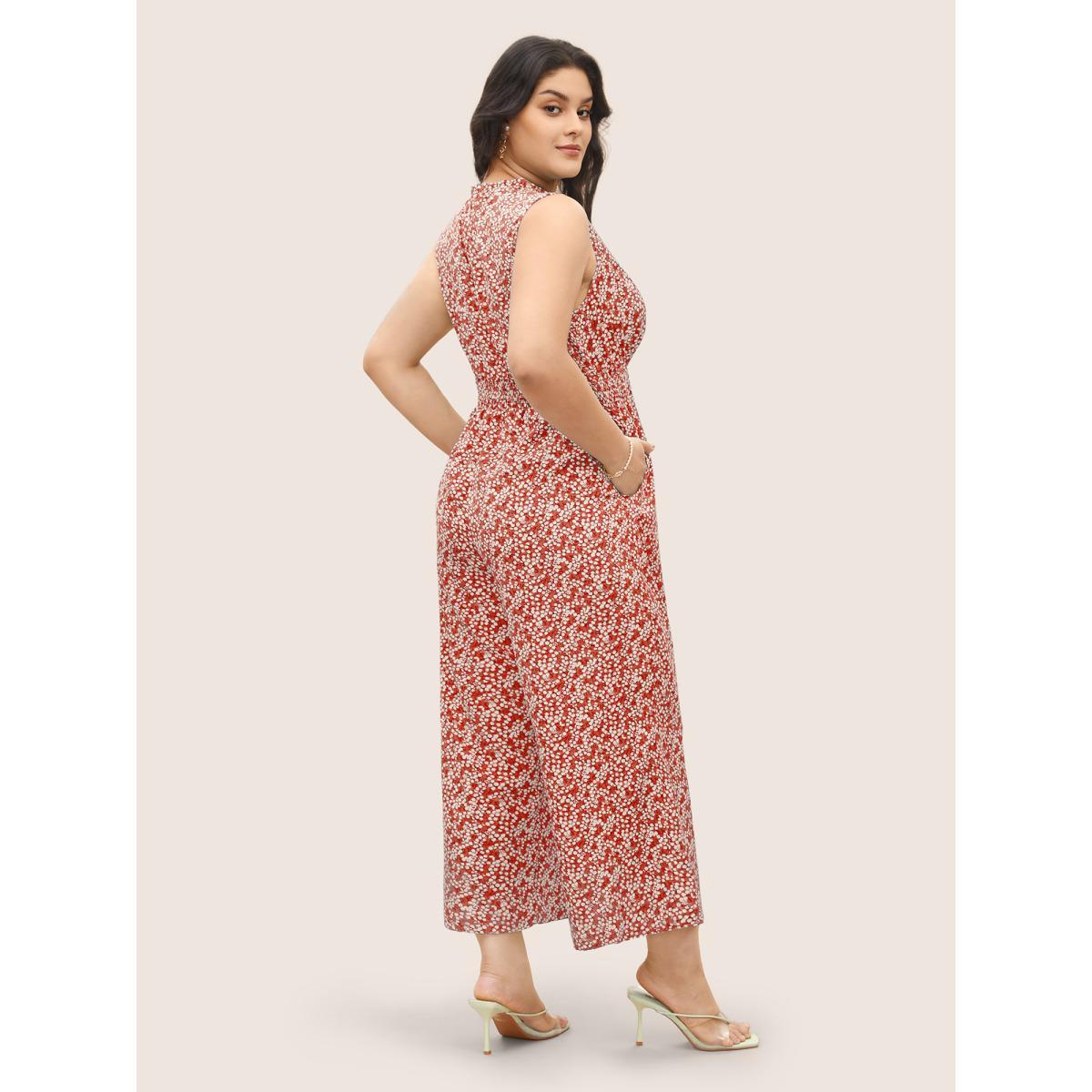Plus Size Crimson Ditsy Floral Mock Neck Shirred Jumpsuit Women Elegant Sleeveless Mock Neck Everyday Loose Jumpsuits BloomChic 14-16/1X Product Image