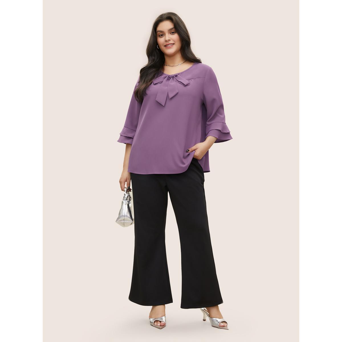 Plus Size Purple Solid Ribbon Tied Collar Bell Sleeve Blouse Women At the Office Elbow-length sleeve Ribbon-tied collar Work Blouses BloomChic 22-24/3X Product Image