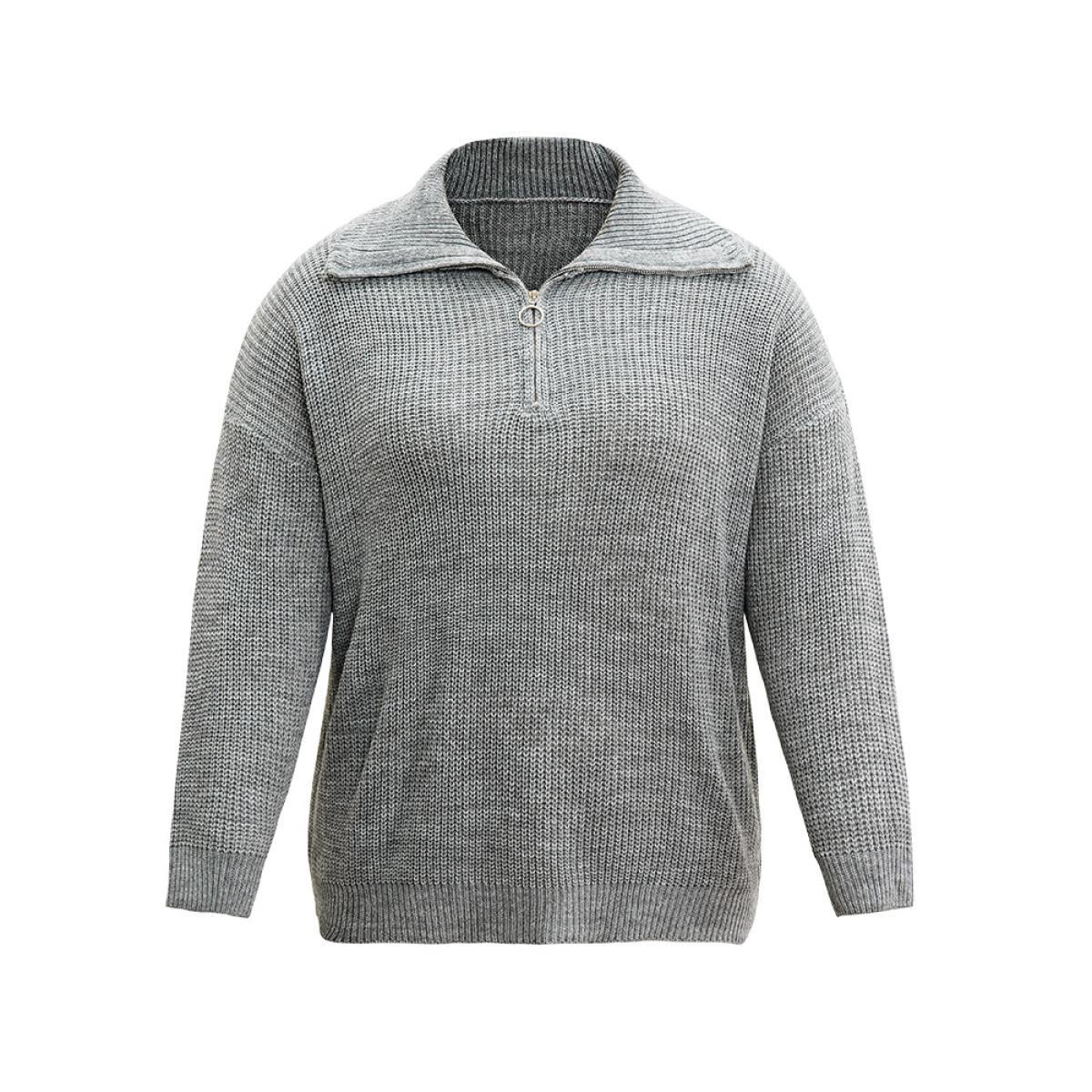 Plus Size Solid Knit O Ring Half Zip Pullover DarkGray Women Casual Loose Long Sleeve Polo Dailywear Pullovers BloomChic 30/6X Product Image