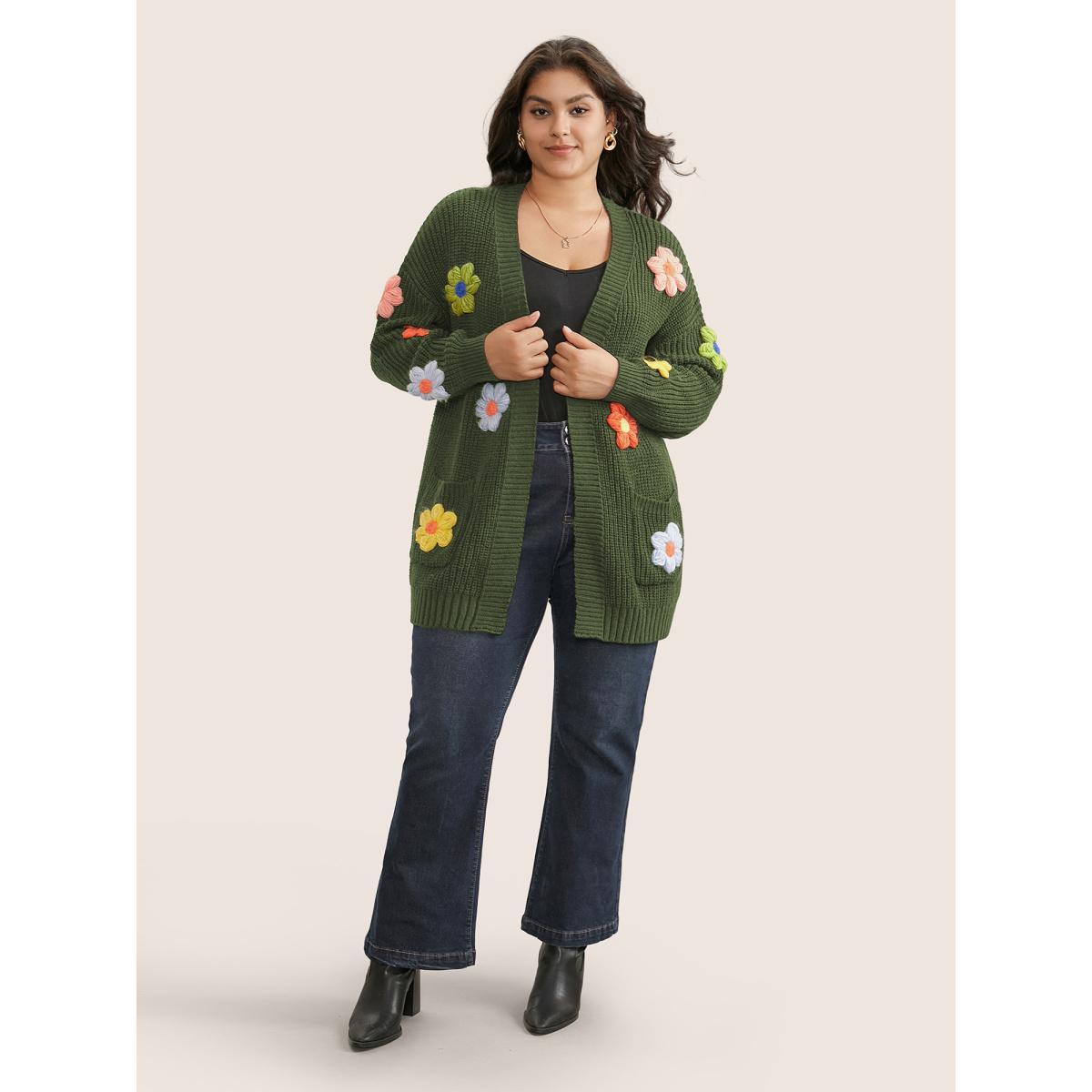 Plus Size Rainbow Floral Pocket Open Front Cardigan ArmyGreen Women Casual Long Sleeve Everyday Cardigans BloomChic 18-20/2X Product Image