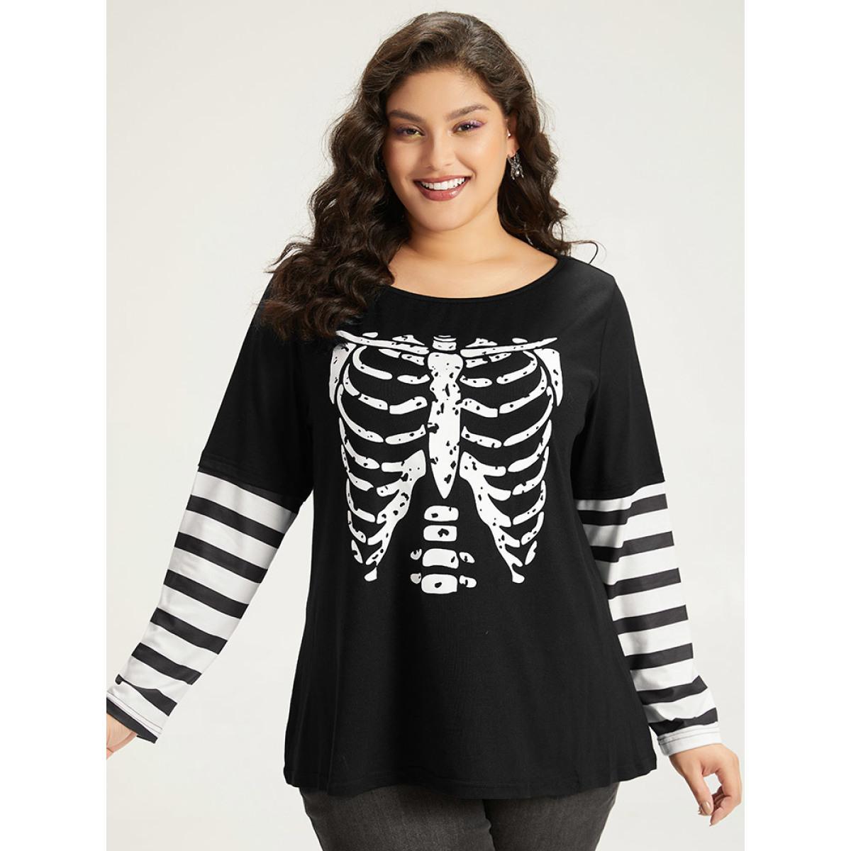 Plus Size Halloween Striped & Skull Print Patchwork T-shirt Black Women Casual Printed Halloween Festival-Halloween T-shirts BloomChic 22-24/3X Product Image