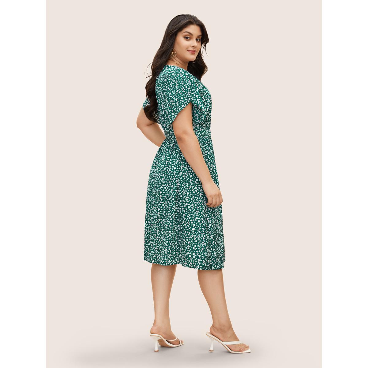 Plus Size Tulip Sleeved Round Neck Midi Dress Teal Women Elegant Belted Round Neck Short sleeve Curvy BloomChic 18-20/2X Product Image