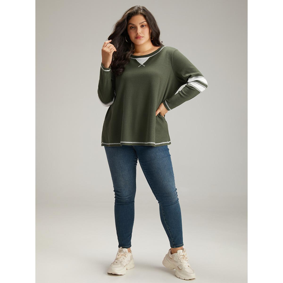Plus Size Waffle Knit Striped Contrast Stitch T-shirt Green Women Casual Contrast Striped Round Neck Dailywear T-shirts BloomChic 22-24/3X Product Image