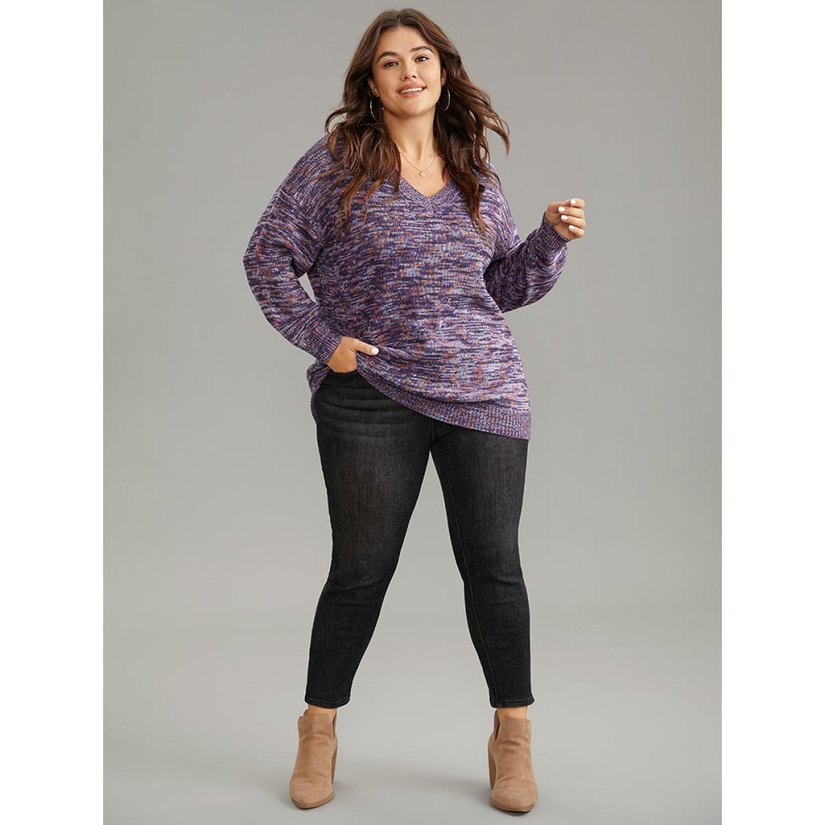 Plus Size Drop Shoulder Ombre Heather Pullover Indigo Women Casual Loose Long Sleeve V-neck Dailywear Pullovers BloomChic 26/4X Product Image