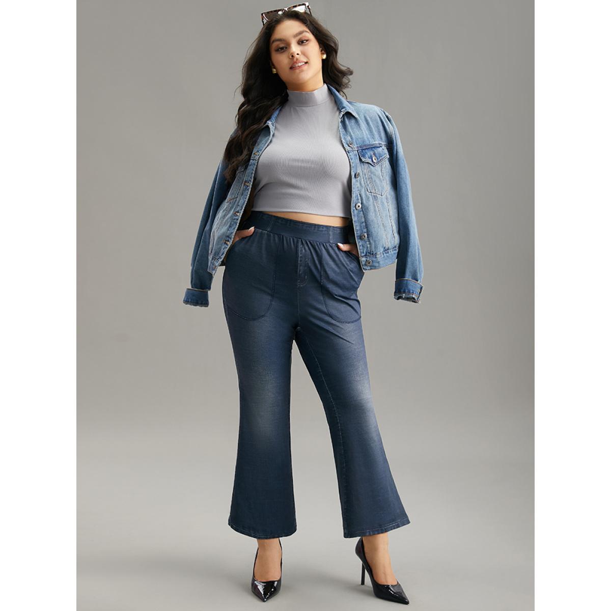 Plus Size Denim Effect Print Elastic Waist Flare Leg Leggings Women Stone Casual High stretch Flare Leg High Rise Everyday Leggings BloomChic 18-20/2X Product Image