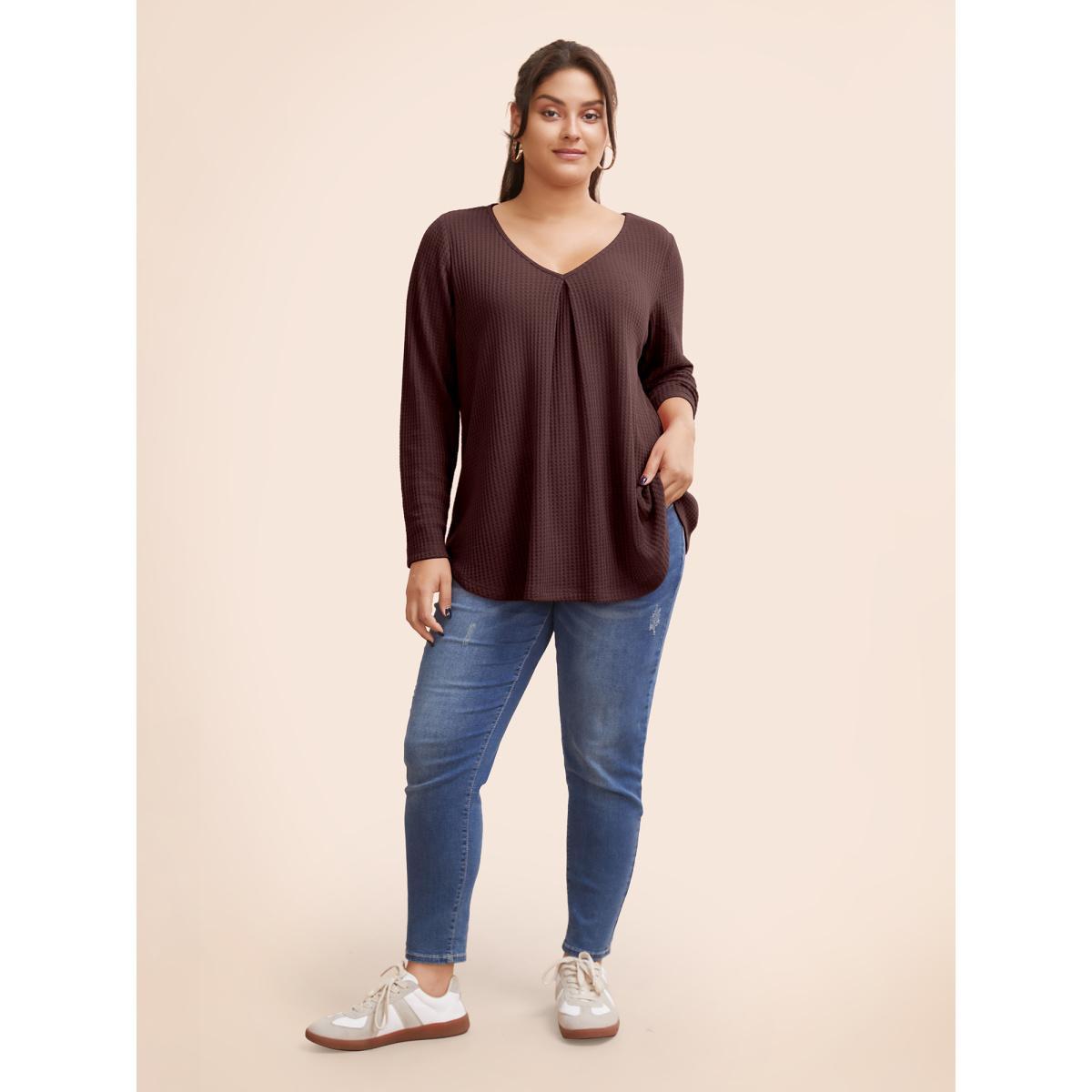 Plus Size Plain Waffle Knit Scoop Neck Plicated Detail T-shirt Black Women Casual Non Plain V-neck Everyday T-shirts BloomChic 30/6X Product Image